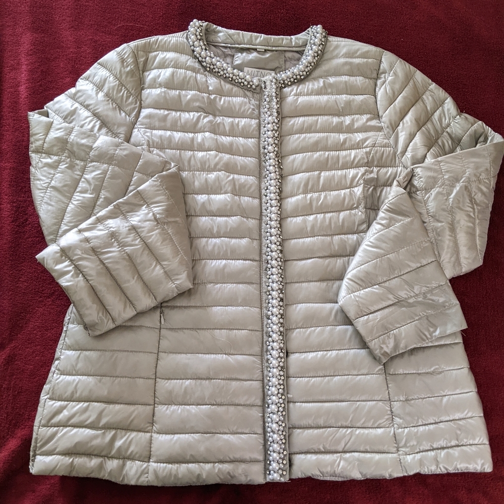 Italian Pearl Trimmed Gray Slim Puffer Jacket Size XL